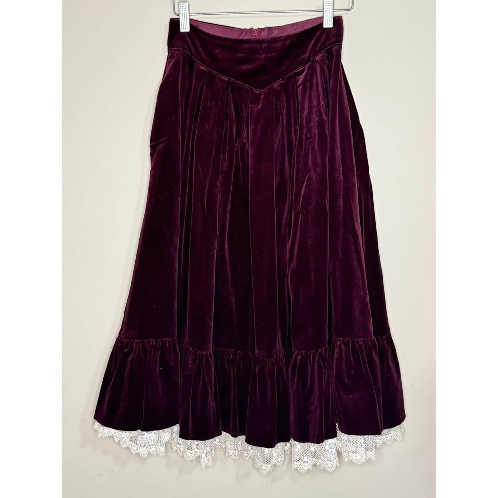 Vtg Jessica's Gunnies Skirt Womens 7 Maroon Velvet with Lace Cottagecore USA